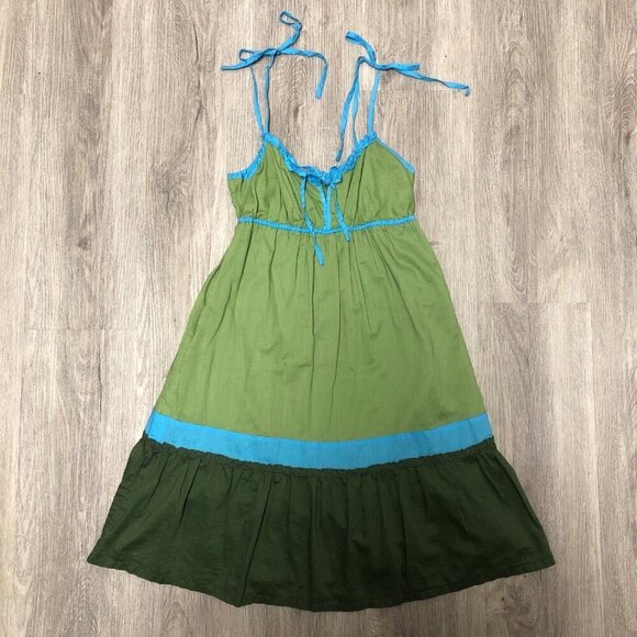 American Eagle Outfitters Dresses & Skirts - Vintage Y2K American Eagle Size 4 Baby Doll Dress Tier Ruffle Blue Green Cotton